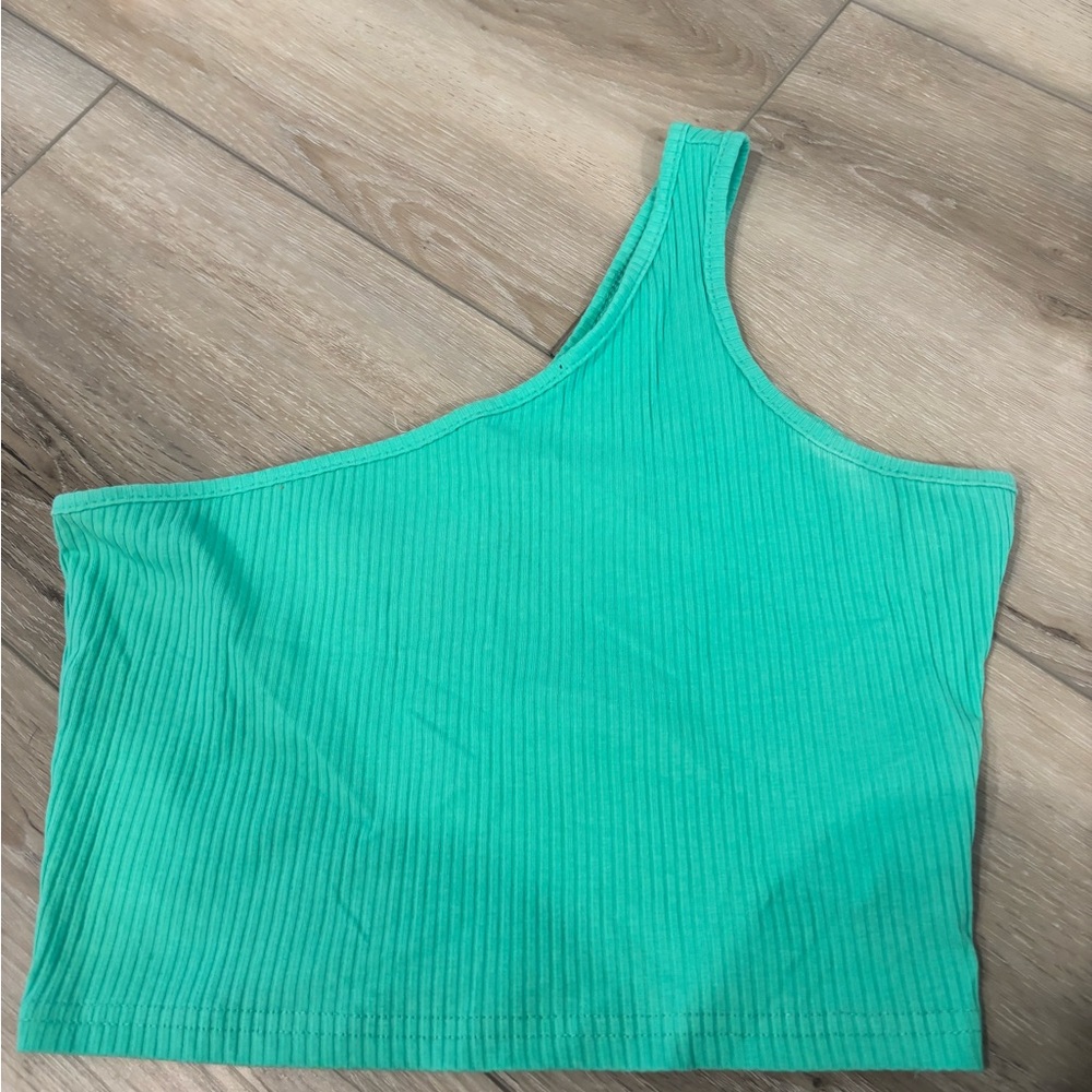 One-Shoulder Green Ribbed Top